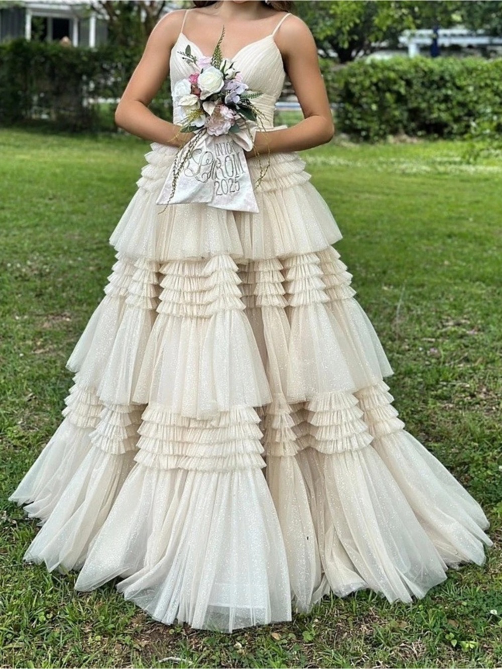 Sherri Hill 54843- Tiered Tulle Prom Dress in Light Champagne